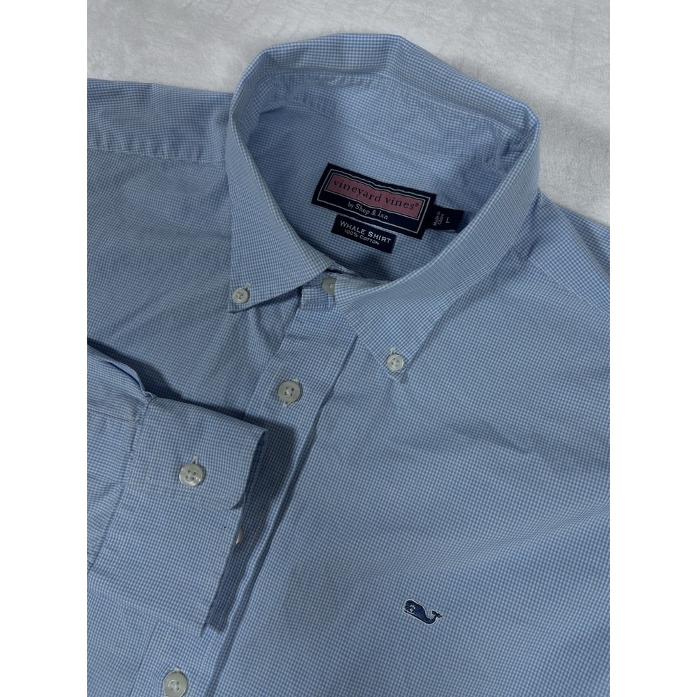 Vineyard Vines Whale Shirt Men Large Blue Plaid Micro Gingham Powder Blue Easter